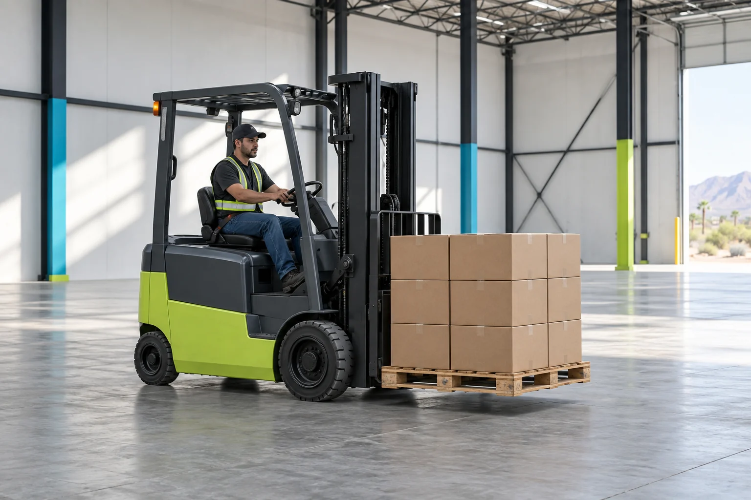 Forklift operator carrying one pallet low above a warehouse floor