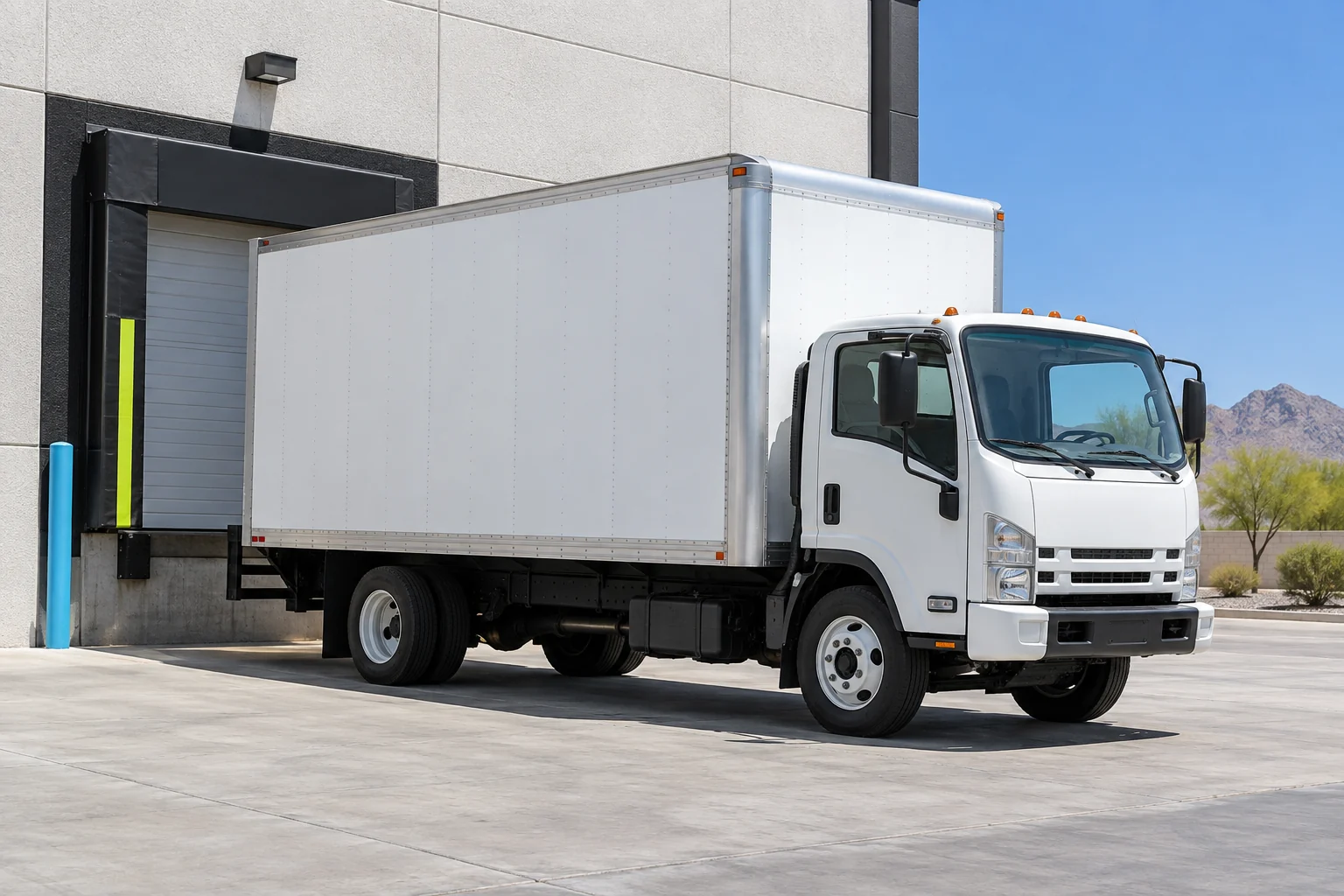 Unbranded white box truck outside a pale Phoenix industrial warehouse