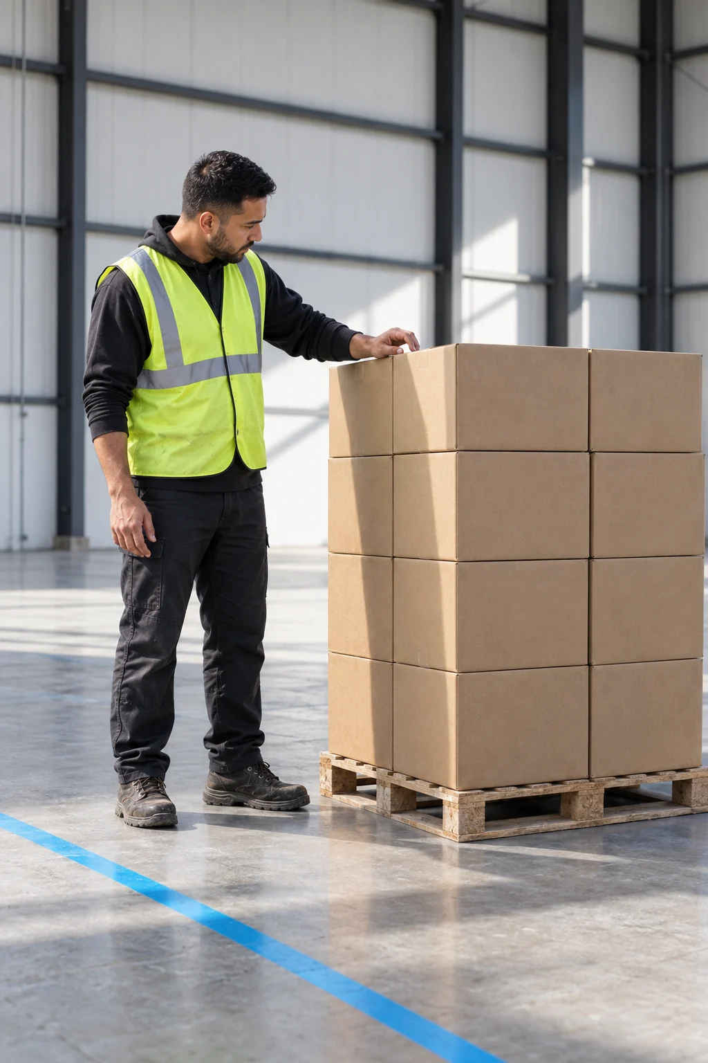 Warehouse worker checking a single pallet of plain cartons